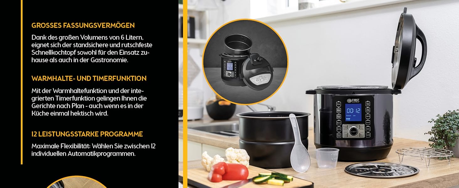 TZS First Austria Electric Pressure Cooker 6L | Multi-Cooker | 12 Programs Pressure Cooker | Rice Cooker | Steamer with Keep Warm Function, Grey-Black Stainless Steel Grey/Black