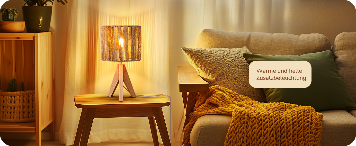 LED настільна лампа EDISHINE з абажуром з ручної роботи та дерев'яною ніжкою, 2700K, тепле біле світло, бохо стиль, для спальні, вітальні, готелю, з лампочкою E27 4W, в'язаний паперовий шнур