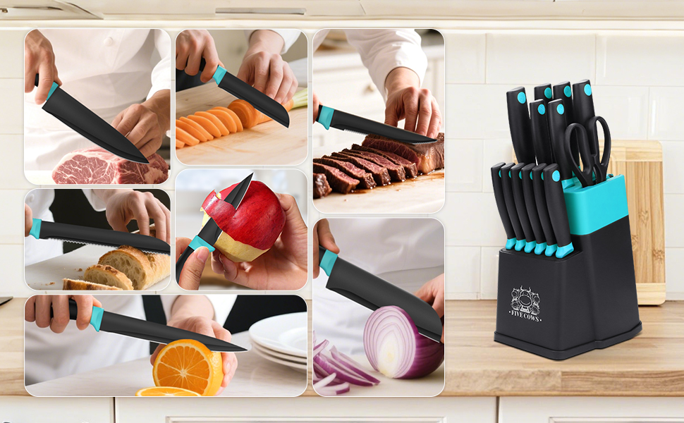 Набір кухонних ножів FIVE COWS (14 предметів) з автоматичним точильним, з ножем для стейку та ножицями, антиокислювальне покриття, професійний набір для дому (зелений)
