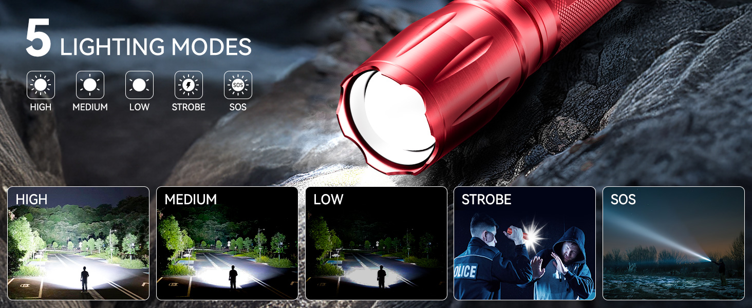 LED ліхтарик Gearlite 2 шт. 2000 люмен, 5 режимів, водонепроникний IP65, для кемпінгу, туризму, дітей, надзвичайних ситуацій (червоний)