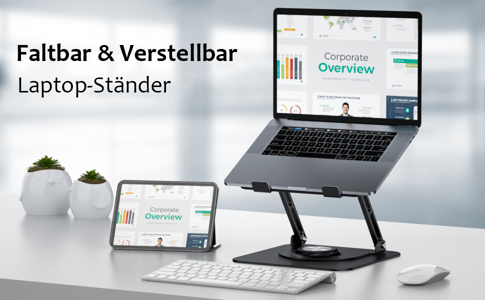 Підставка для ноутбука 360° з алюмінію, регульована по висоті, ергономічна, сумісна з MacBook/Dell/HP, срібна