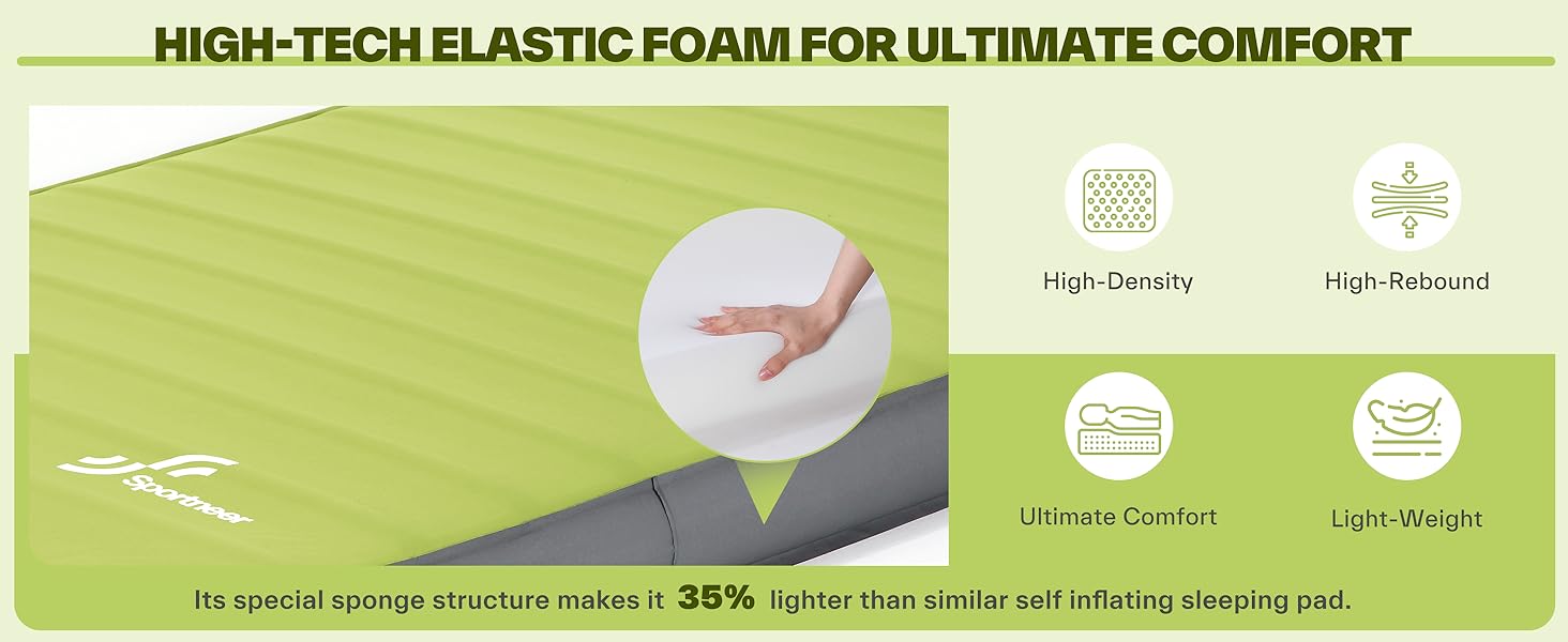 Sportneer Self-Inflating Camping Mat - 198x76cm Outdoor Sleeping Pad - 10cm Thick Air Mattress for Tent, Overnight Stays, Sunbathing, Relaxation, and Picnics