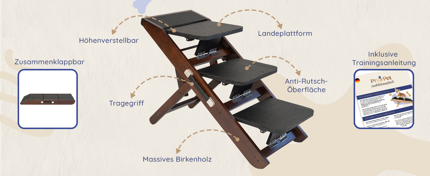 Сходинки для собак на ліжко та диван 2-в-1 - регульована рамка для собак, 18-50 см - для маленьких собак - легка переносна сходинка з платформою, натуральний колір (коричневий)