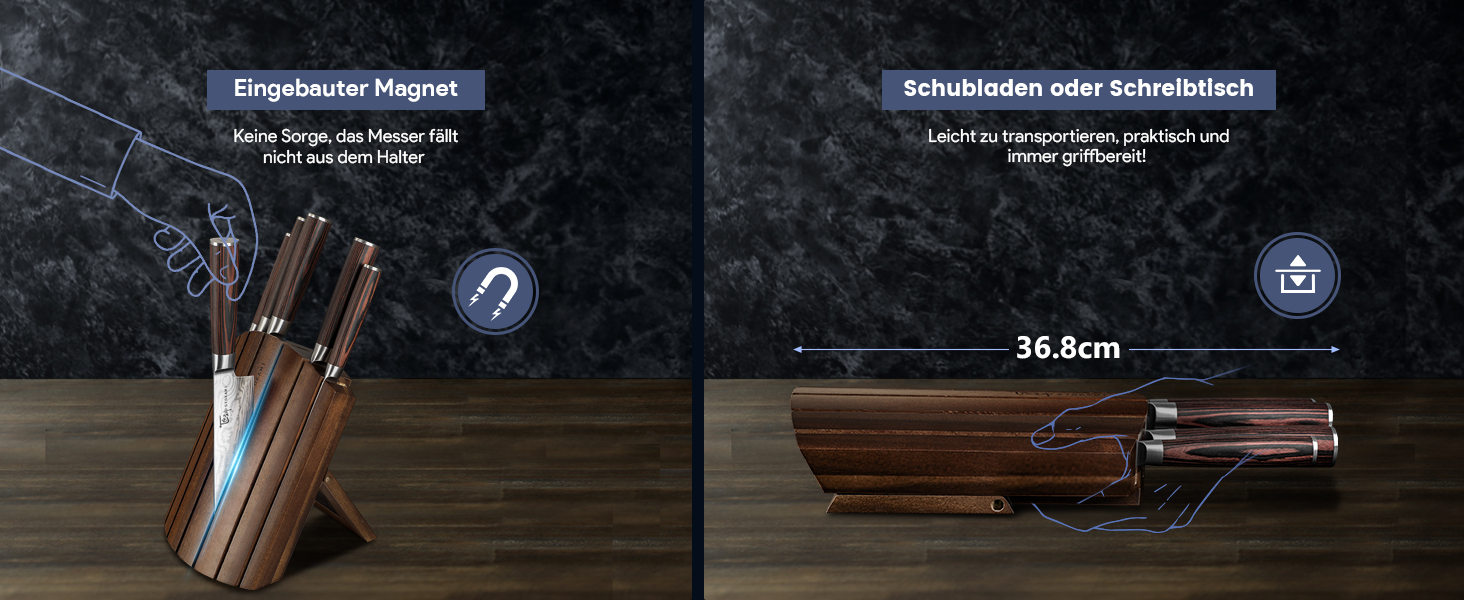 Набір кухонних ножів Messerset 7 предметів у японському стилі з магнітним блоком з акації, сталь карбонова, ергономічна ручка