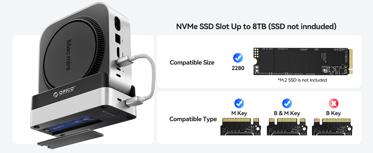 ORICO MiniDock: Док-станція та підставка для Mac mini M4/M4 Pro з корпусом для NVMe SSD, USB-C хаб з 4K HDMI, DisplayPort, SD/TF 3.0, USB-C/A 10Gbps, PD 100W - VS10 (6-в-1, DIY)