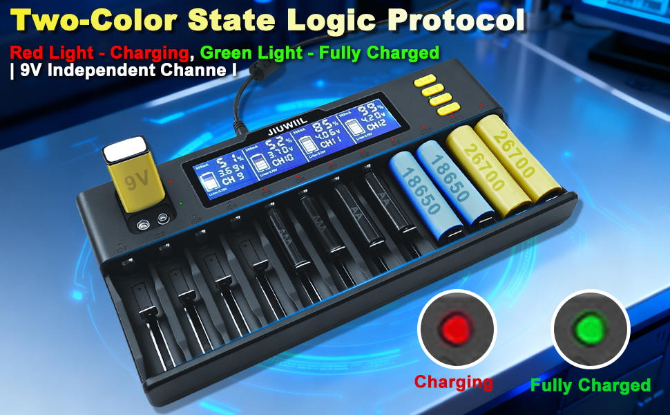 Зарядний пристрій для акумуляторів 18650 JIUWIIL з LCD-дисплеєм, універсальний, 12+2 слоти, для Li-Ion, LiFePO4, 26650, 17500, 16340, 18650, 14500, 10440 та 9V акумуляторів