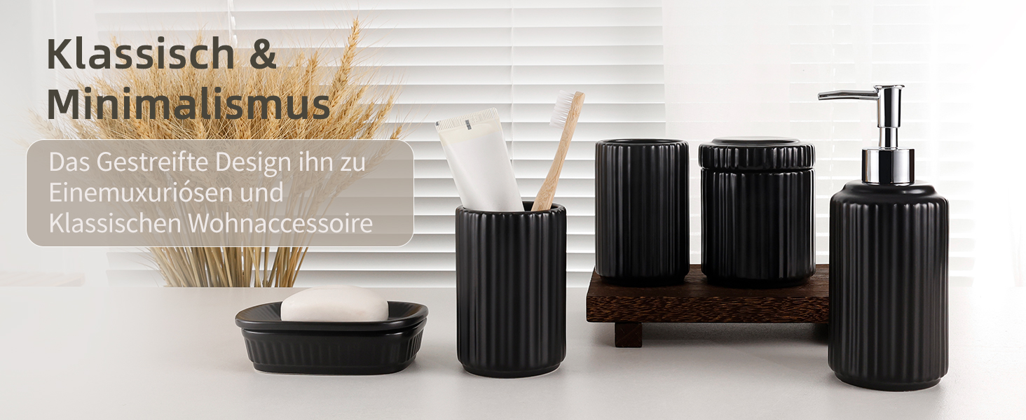 Набір для ванної кімнати NOVAJOY (5 шт.) з кераміки: органайзер, дозатор мила, мильниця, тримач для зубних щіток, контейнер для ватних паличок. Чорний колір.