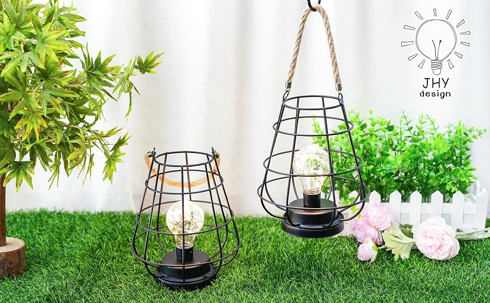 JHY DESIGN Набір з 2 декоративних настільних ламп-ліхтариків у стилі ретро, 22 см, на батарейках, LED Едісон, чорний колір