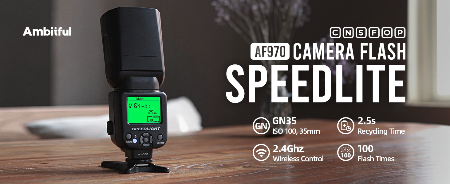 Спалах для камери AMBITFUL AF970: сумісність з Canon, Nikon, Sony, Olympus, Fuji, Panasonic, бездротовий, LCD-дисплей
