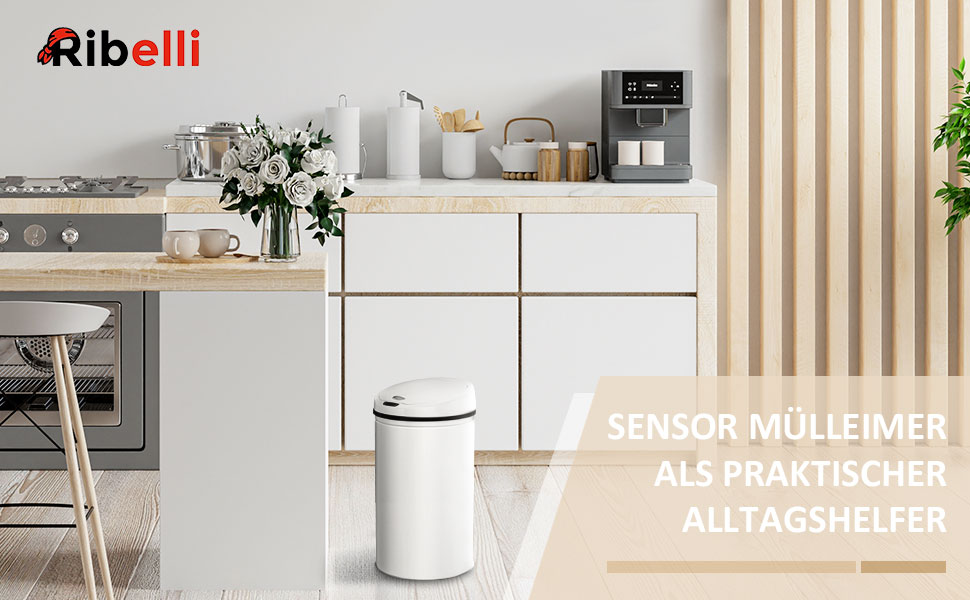 Сміттєве відро Ribelli з датчиком - автоматичне відкривання/закривання, Klemmring для пакетів, знімний кришка, LED-індикатор (30 л, білий/оптимальний для саду)