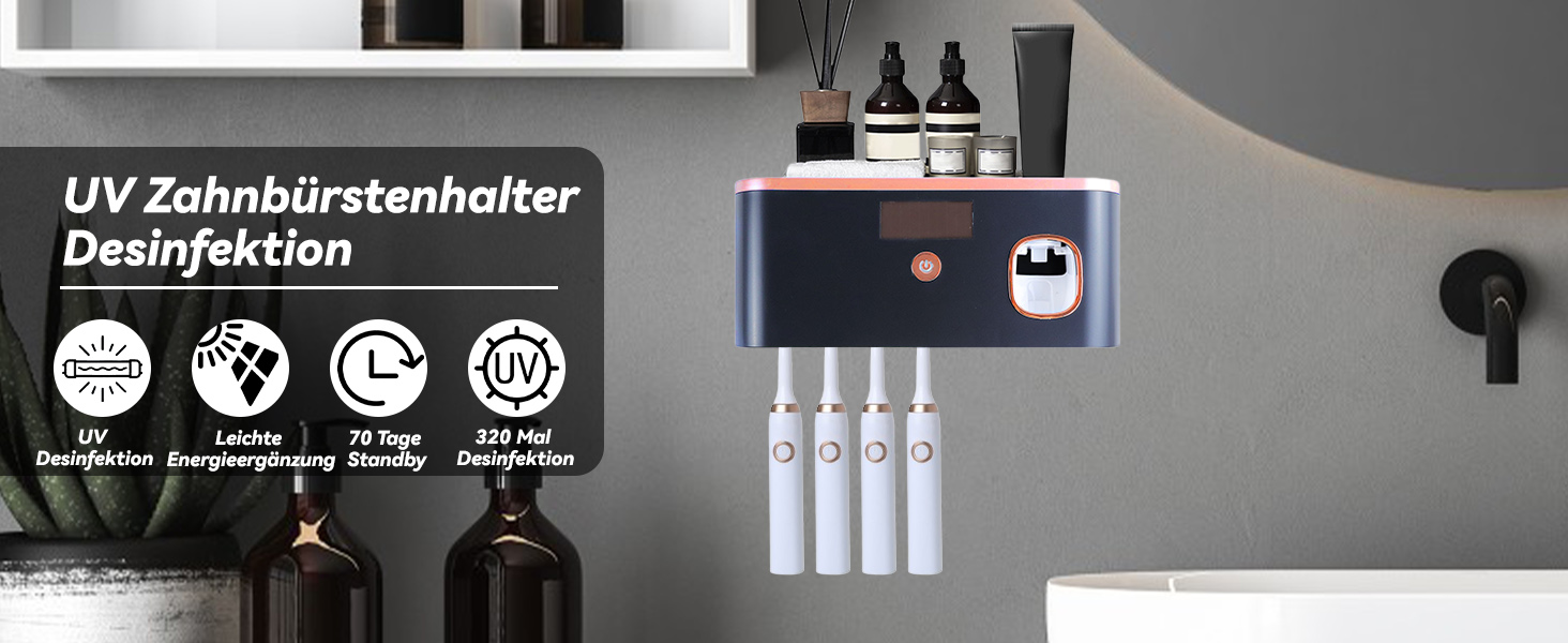 Автоматичний диспенсер зубної пасти з UV-дезінфекцією та тримачем для зубних щіток на 6 щіток, монтаж без свердління. Підходить для дітей та дорослих. Чорний колір