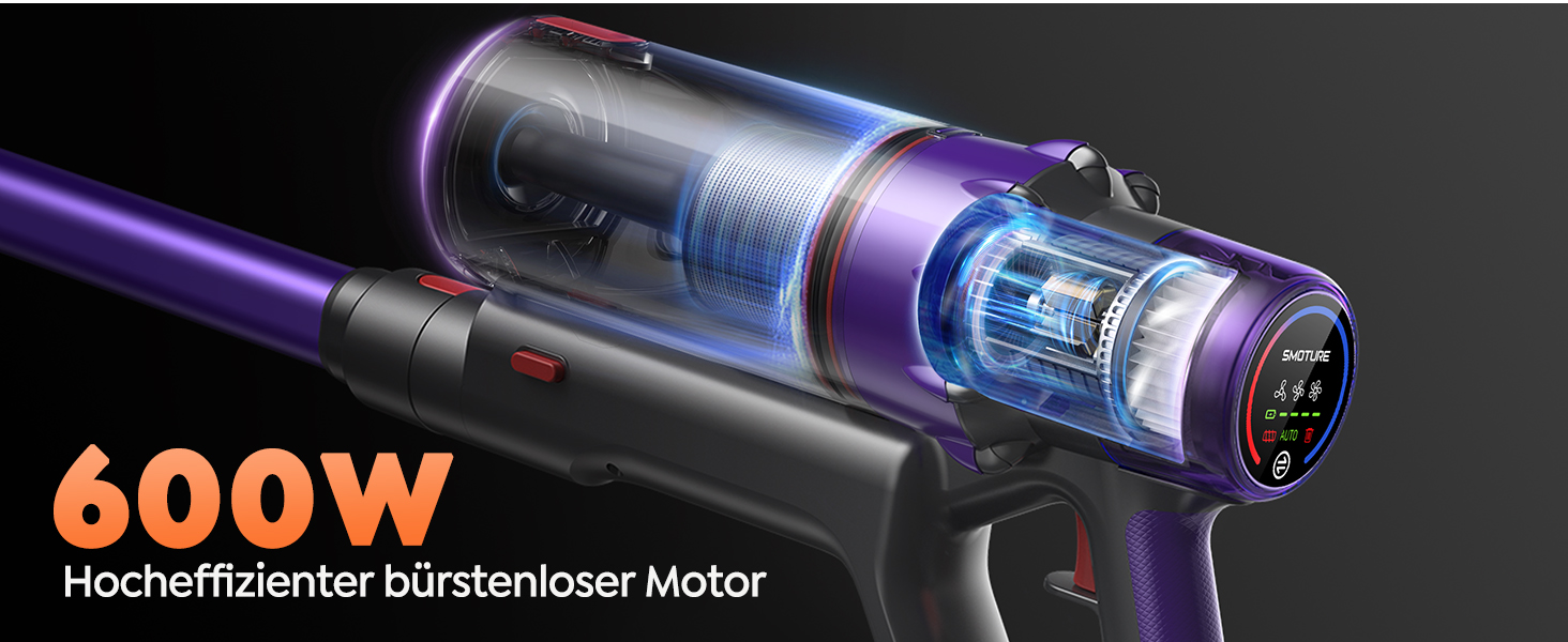 SMOTURE Бездротовий акумуляторний пилосос 600W, 50KPA, 65 хв роботи, самостійна підставка, для дому, з настінною зарядкою, автоматичний режим, знімна батарея, сенсорний дисплей
