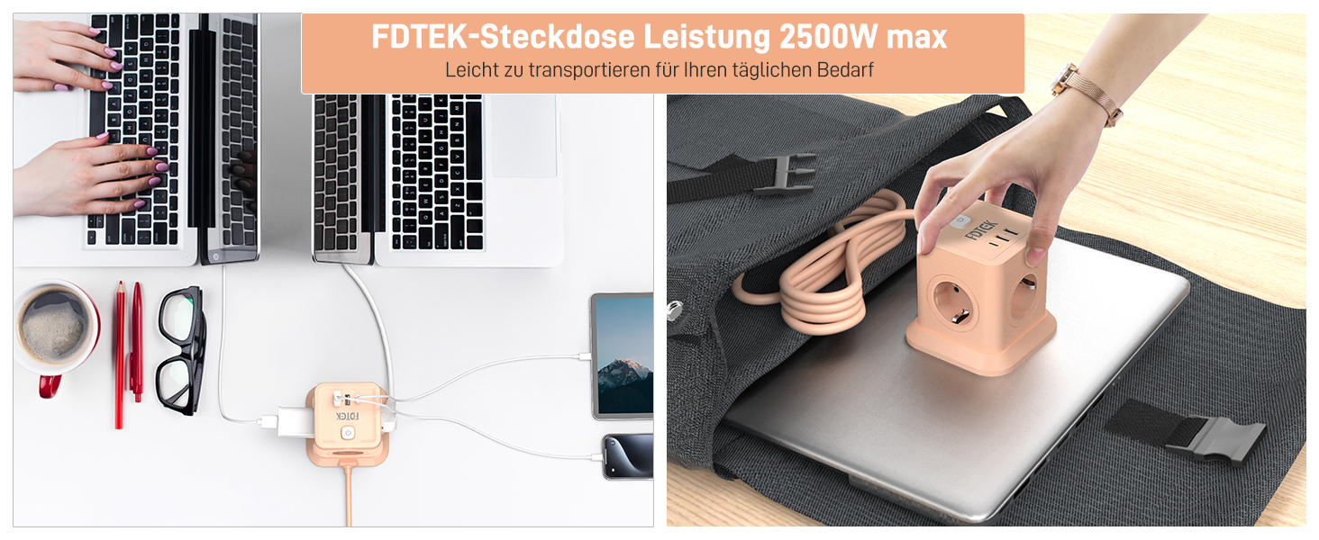 FDTEK Розетка-спінер з USB-C та USB-A, 7 розеток, 2500W/10A, з вимикачем, 1.8м кабель, рожевий