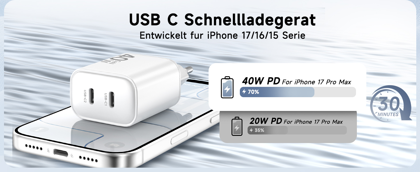 Зарядний пристрій USB-C 40W 2Port для iPhone 17 Pro Max/Pro/15 Plus, iPad Pro/Air, кабель 2м Orange