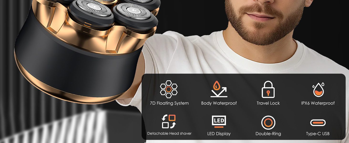 Електрична бритва чоловіча 7D Glatzen з плаваючою головкою, LED-дисплеєм, 2 режимами, Type-C зарядка, водонепроникна, акумулятор 120 хв, золотий колір
