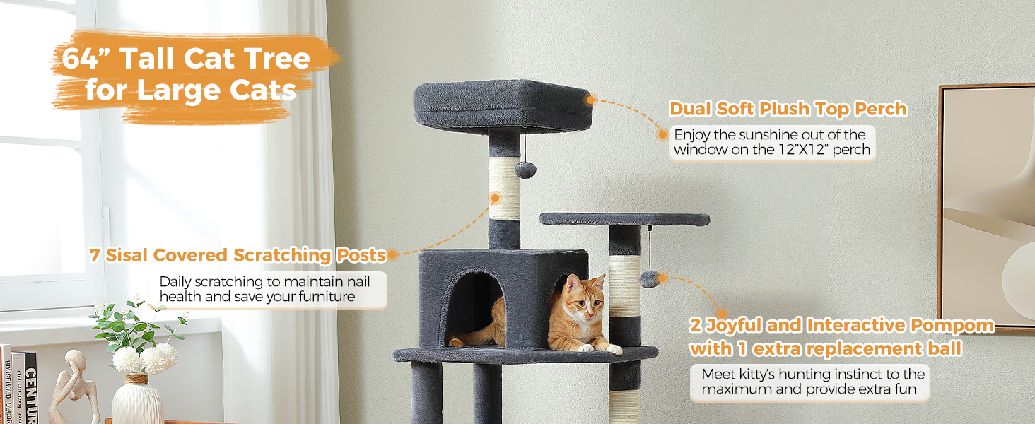 PAWZ Road Дряпка для котів велика, стабільна, 184 см, з гамаком, 7 стовпчиків для дряпання, велика полиця, кошик, для великих котів, сірий (M)