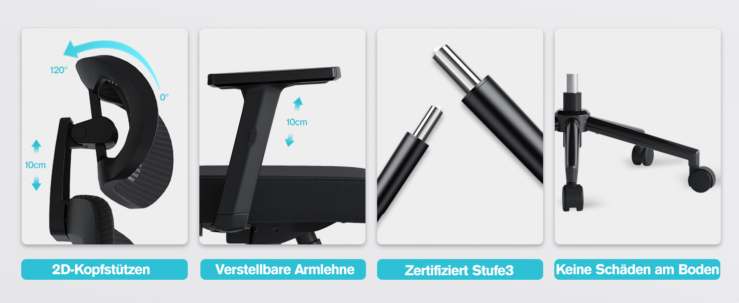 Ергономічне крісло для офісу з регульованою поперековою підтримкою, 2D підголівником та підлокітниками, поворотне, до 150 кг, чорний колір, нейлон