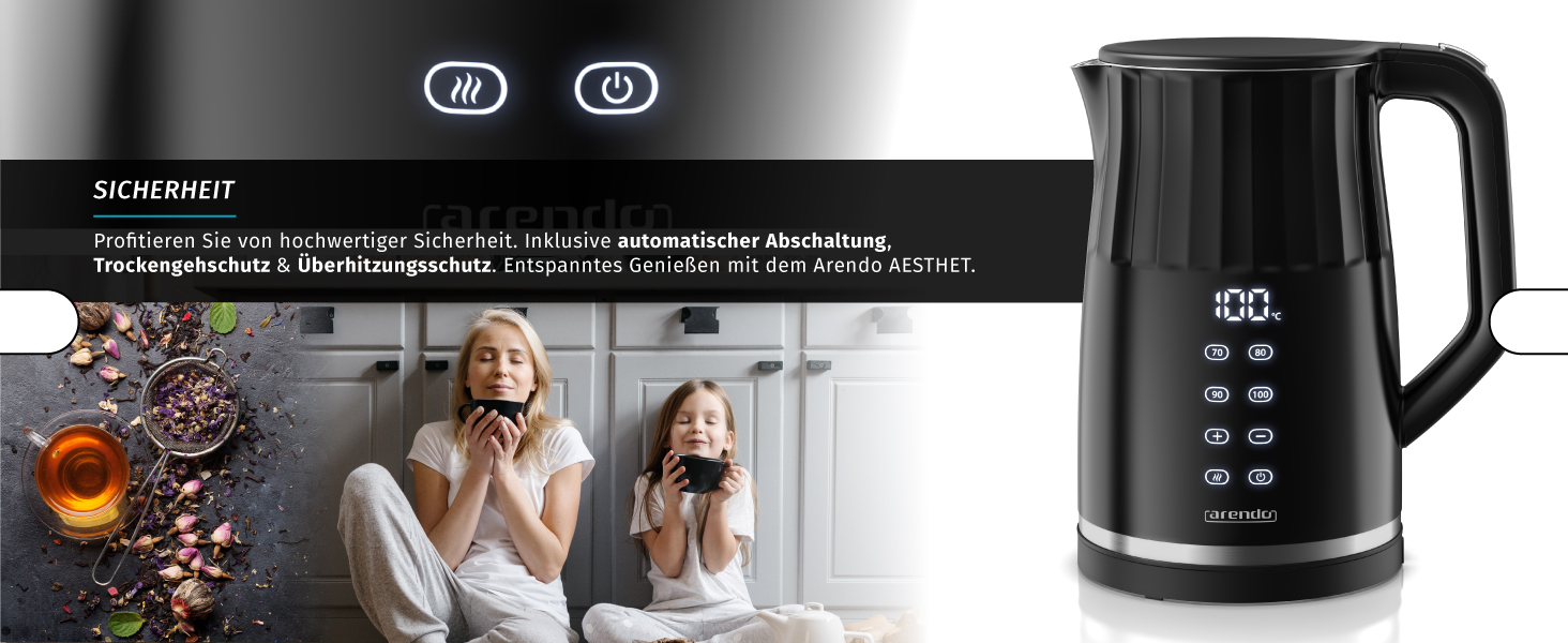 Електричний чайник Arendo з регулюванням температури, нержавіюча сталь, подвійні стінки Cool Touch, дисплей, бездротовий, 2200 Вт, 1,7 л, захист від перегріву, функція підтримання тепла, чорний