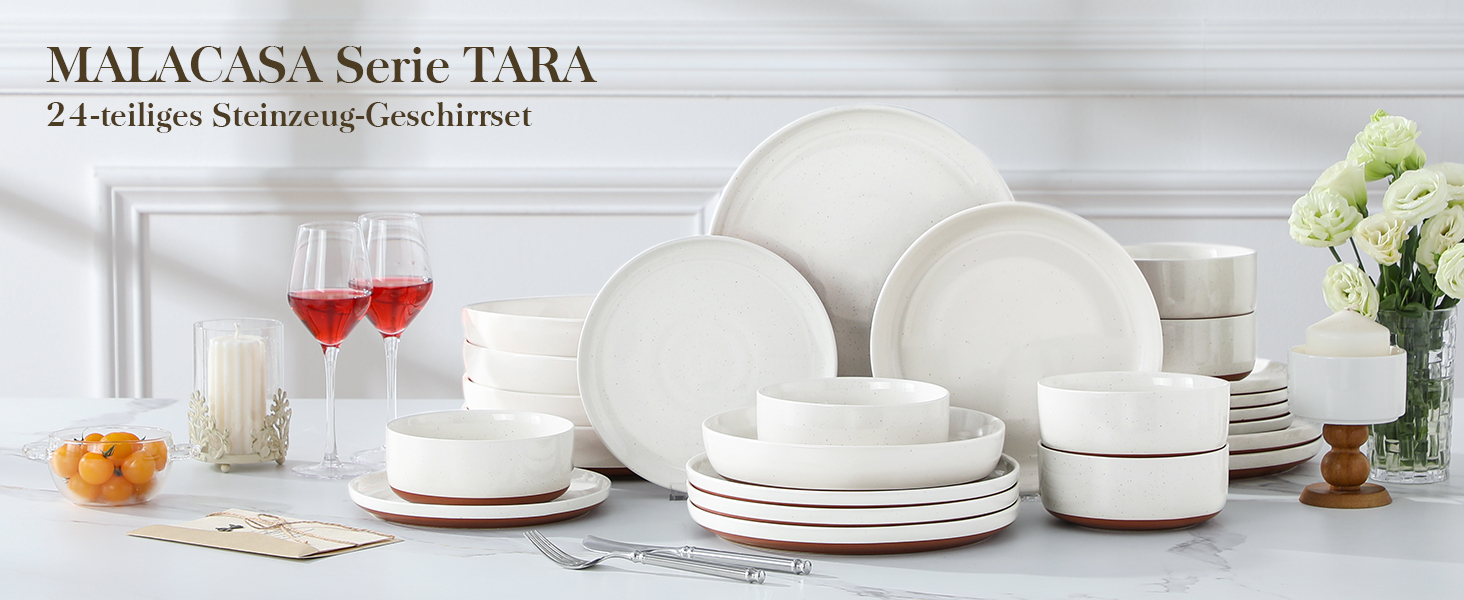 MALACASA Сервіз на 6 осіб (24 елементи) з реактивною глазур'ю, серія TARA, кераміка, білий з коричневим, для дому та ресторану