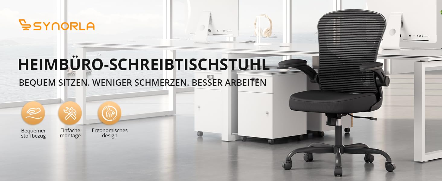Офісне крісло Synorla: ергономічне, чорне, 150 кг, регульована поперекова підтримка
