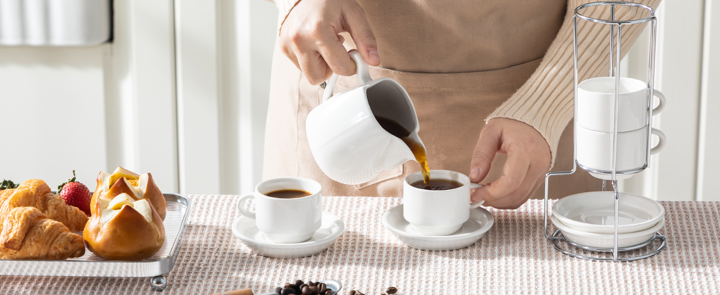 Набір чашок еспресо MALACASA 4 шт., 75 мл, з підставками та стійкою, біле порцелянове виробництво Італії, сумісні з посудомийною машиною, серія Regular 75 мл