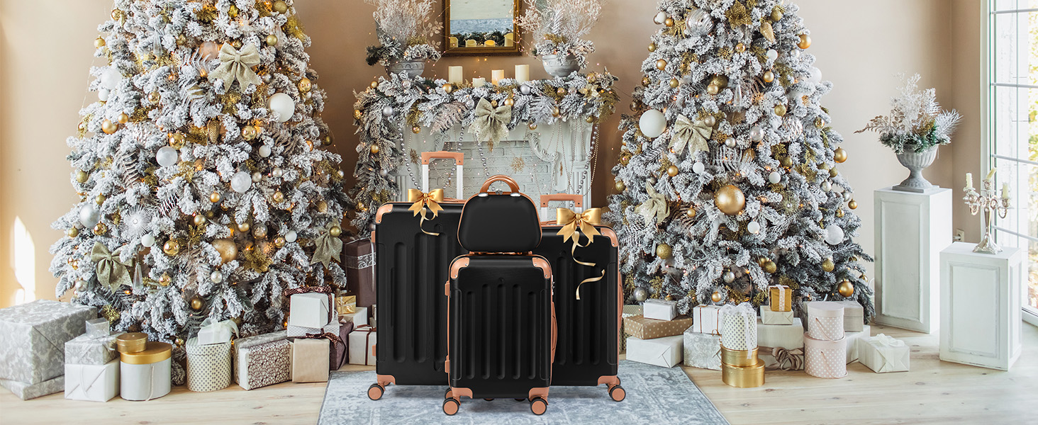 Набір валіз LEADZM 4 шт. з твердим корпусом, ABS, з колесами, великий, набір валіз з твердим корпусом, валізи та ролери з косметичкою (Чорно-коричневий)