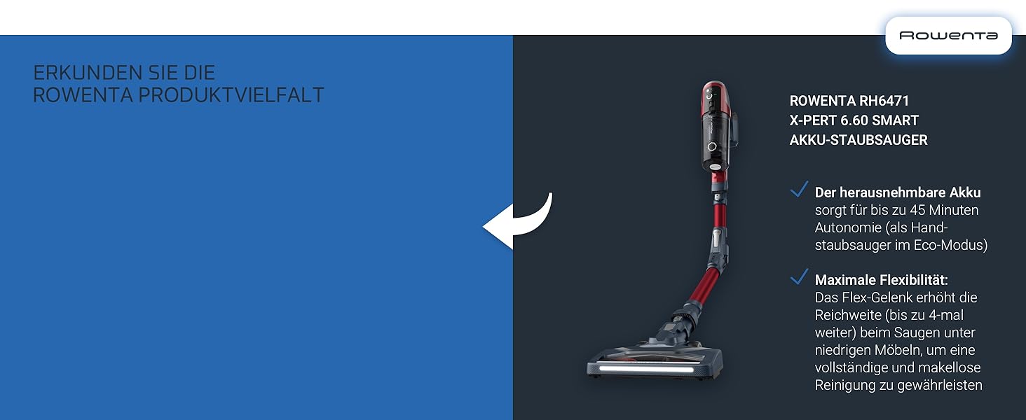 Rowenta X-Pert 6.60 акумуляторний пилосос: потужність 100W, 45 хв роботи, бездротовий, без мішка, LED-насадка, легкий, 0,55 л контейнер для сміття, насадка для щілин та кріплення на стіну, чорний/темно-сірий, RH6831EO