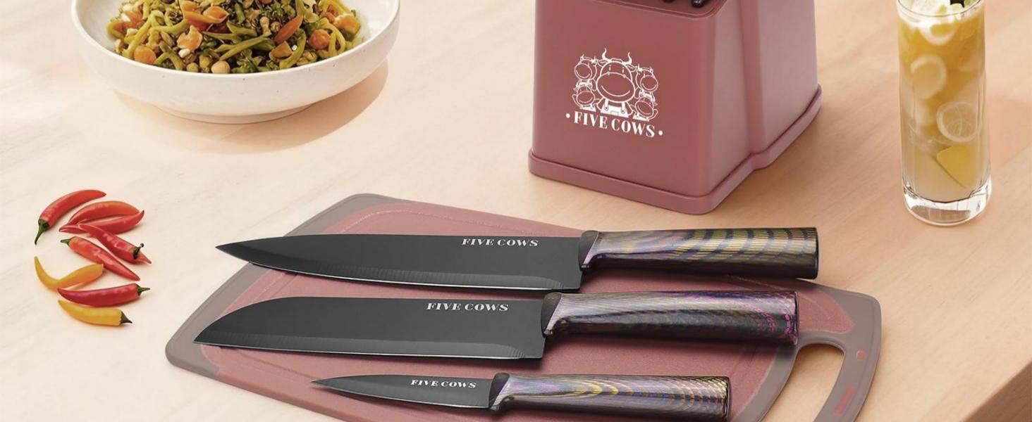 Набір кухонних ножів Messerblock 16 предметів з дерев'яною підставкою, дощечкою, захистом пальців, точилкою та кухонними ножицями. Професійний набір ножів для дому (зелений/рожевий)