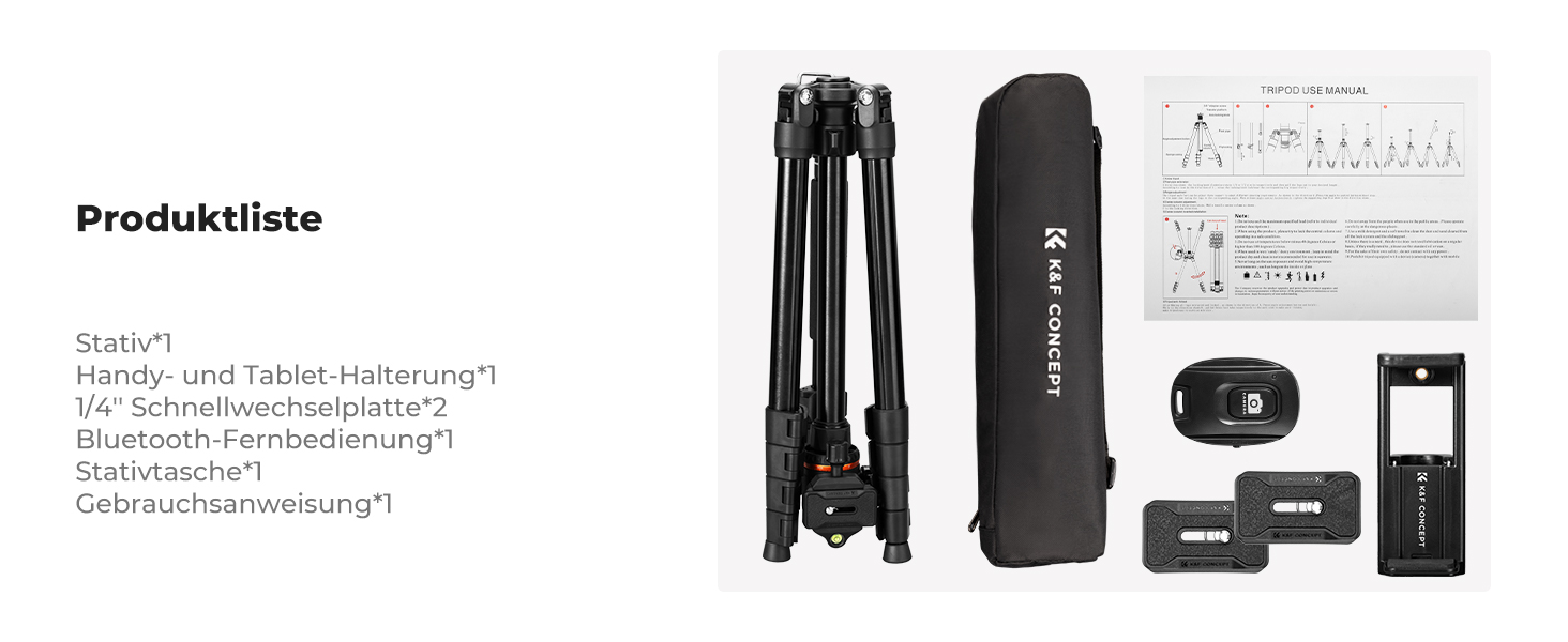 Штатив K&F Concept S255A3+BH-36, 190 см, для камери/DSLR/Camcorder, з тримачем для смартфона/планшета, чорний