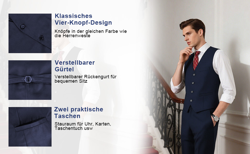 Чоловіча жилетка Casual Anzugweste Regular з кишенями, V-подібний виріз, повномірна жилетка, однотонна, вінтажна, готична, костюмна, для формальних заходів, весілля, ді-джеїв, бізнес-жилетка, темно-синій, XL