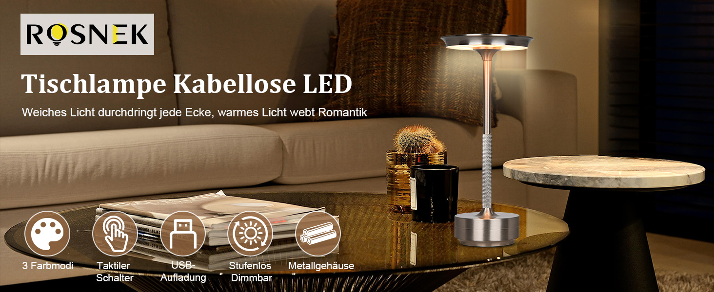 Бездротова LED лампа Rosnek: регульоване освітлення, 3 колірні температури, USB-C, срібло