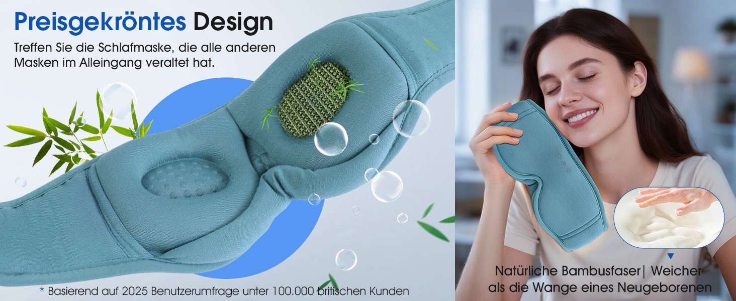 Маска для сну з навушниками Bluetooth Dolida, 3D бамбукова маска для очей з мікрофоном для жінок та чоловіків, зручна для сну на боці (Сіро-блакитна)