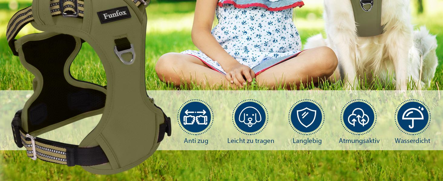 Шлейка для собак середніх порід Funfox, анти-тяга, з ручкою та світловідбиваючими смугами, без коміра, військовий зелений (M)