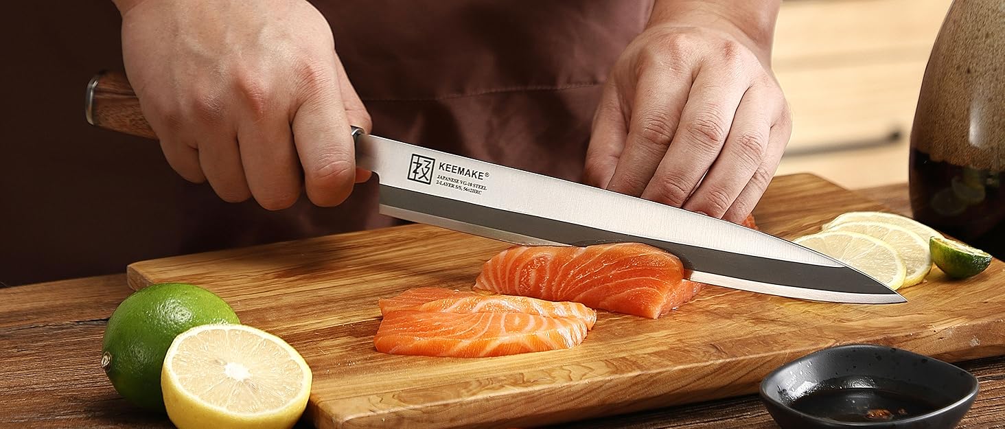 KEEMAKE Філейний ніж для риби та суші 30 см, японський Sashimi ніж з VG10 нержавіючої сталі, ручка з рожевого дерева