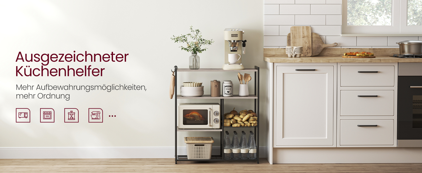 Стелаж кухонний VASAGLE з 2 металевими кошиками, бакалійний стелаж з гачками та полицями, для мікрохвильової печі, 35 x 80 x 93,5 см, золотий дуб + чорний