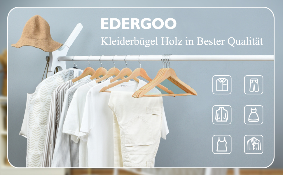 Дерев'яні вішалки Edergoo 20 шт., натуральний колір, гладка поверхня, обертаючийся гачок 360°, плечові виїмки, тонкі та міцні, для одягу дорослих, 43,5 см