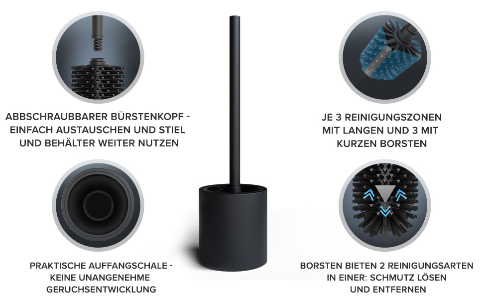 Набір для чищення унітазу Skrova | Силіконова щітка для унітазу | Стійка | Чорний матовий | Змінний насадка | Сучасний дизайн