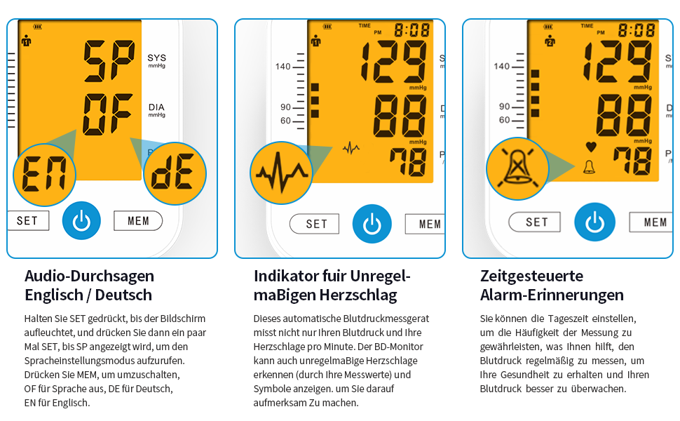 Тонометр на плече Oberarm з автоматичним вимірюванням, визначенням аритмії та вимірюванням пульсу, великим LED-дисплеєм, 2x99 пам'яттю, манжеткою 22-32 см (білий)