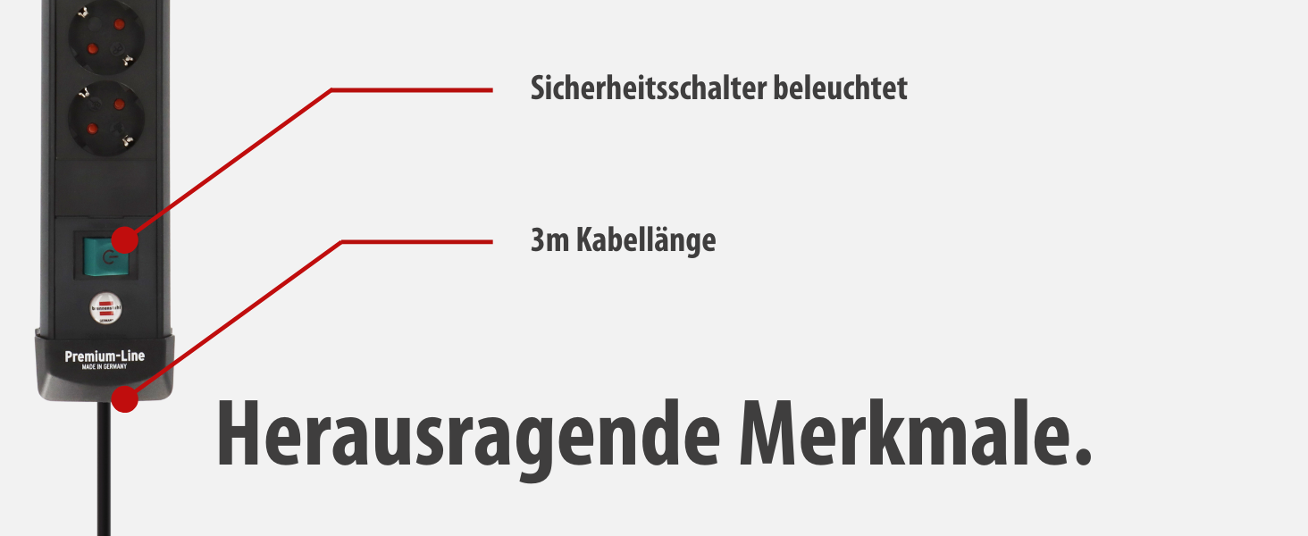 Бренненштуль Premium-Line Розподільник розеток 4-портовий з 2x USB-C PD 65W та USB-A 18W (Made in Germany), з вимикачем та кабелем 3м, для настінного монтажу, чорний