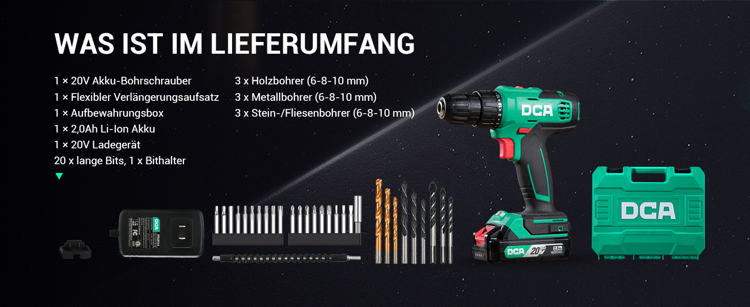 Акумуляторний дриль-шуруповерт DCA ADJZ2035, 20V, 40 Нм, 2.0Ah, 25-ти частинний комплект