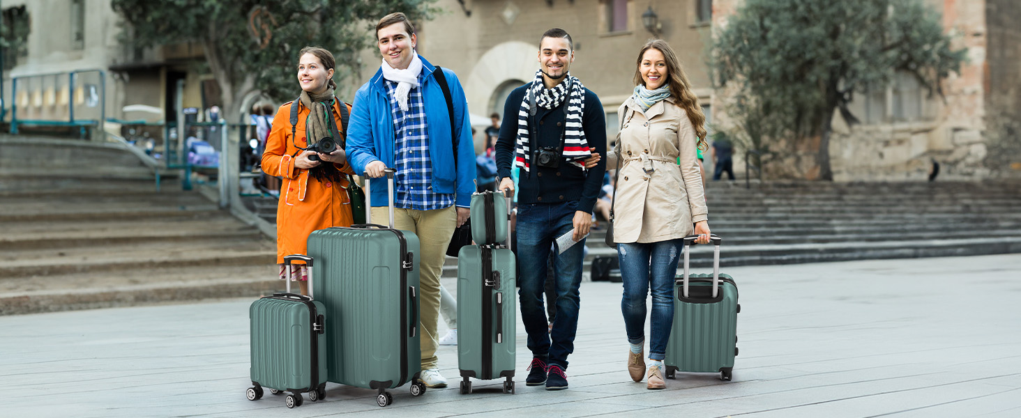 Набір валіз LALAHO 4 шт. з косметичками, ABS, рожеве золото (темно-синій, смугастий)