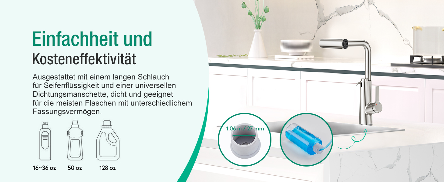 Змішувач для кухні CREA Wasserfall з висувною лійкою, нержавіюча сталь, з дозатором мила, поворотний на 360°, 4 режими струменя, водоспадний ефект