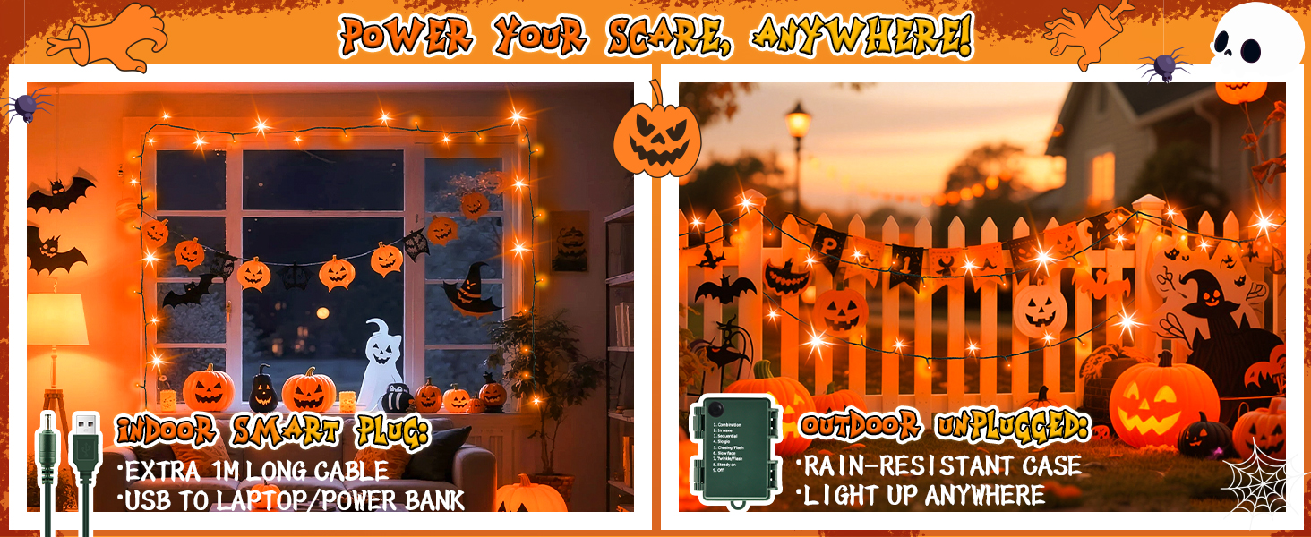 Гірлянда Halloween Cshare, 60 LED, USB/Батарея, Таймер, Водостійка, 6м, Оранжева, для декору саду, дому, на Хелловін