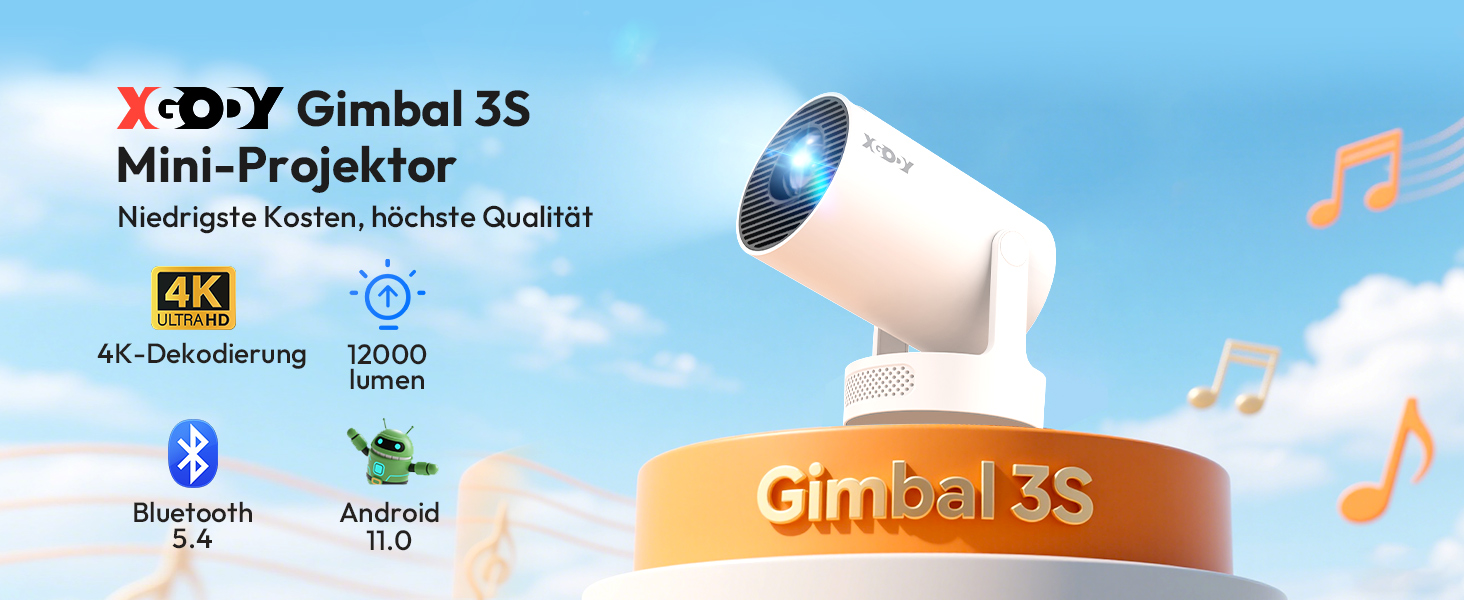 Портативний проєктор Xgody Gimbal 3: 12000 Люмен, Android 11.0, WiFi 6, Bluetooth, 720P HD (підтримка 4K)