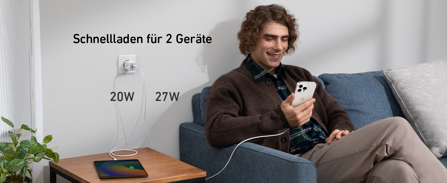 Зарядний пристрій Anker USB-C 47W (Nano 3) з 2 портами GaN, білий - для iPhone, Galaxy, Pixel, iPad