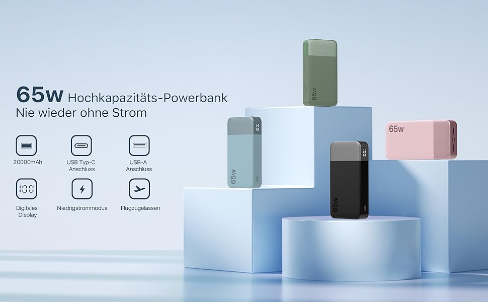 Power Bank NOBIS 20000mAh 65W USB-C/USB-A, швидка зарядка PD/QC, дисплей - Рожевий