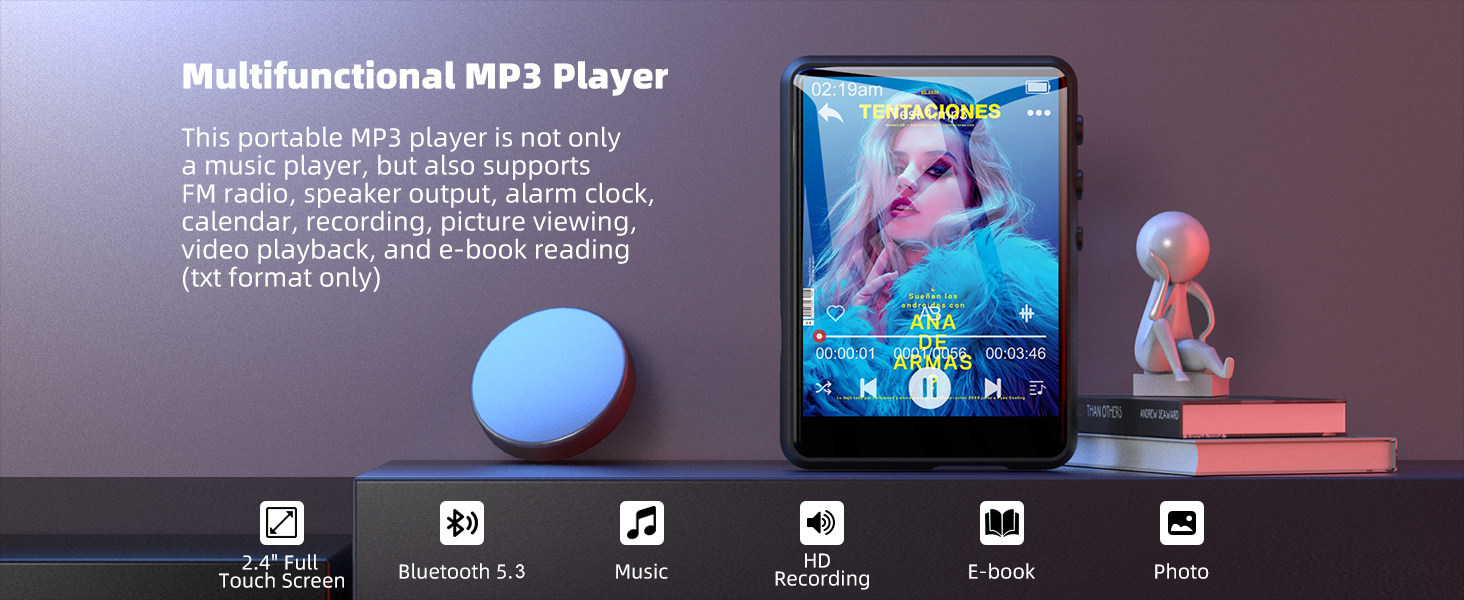 MP3-плеєр 64GB Bluetooth 5.3 з сенсорним екраном 2.4' та динаміком, запис голосу, FM-радіо, Line-in, для дітей, чорний