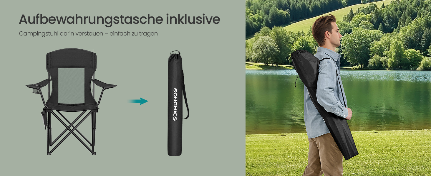 Набір кемпінгових стільців SONGMICS 2 шт., складані, для риболовлі, з високою спинкою, регульованими підлокітниками, підсклянниками, до 150 кг, чорний
