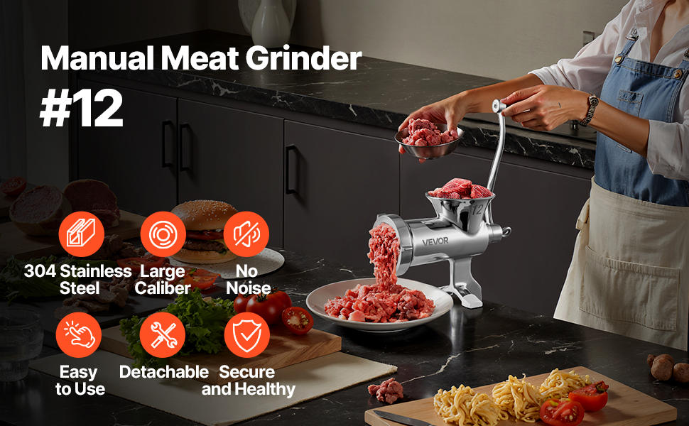 М'ясорубка ручна VEVOR з нержавіючої сталі, з присоскою та насадками для ковбас (38 см)