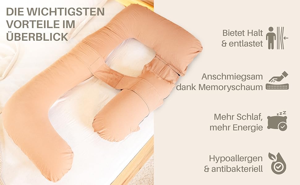 Подушка для вагітних та годування XL, Memory Foam, бавовняний чохол, бежева